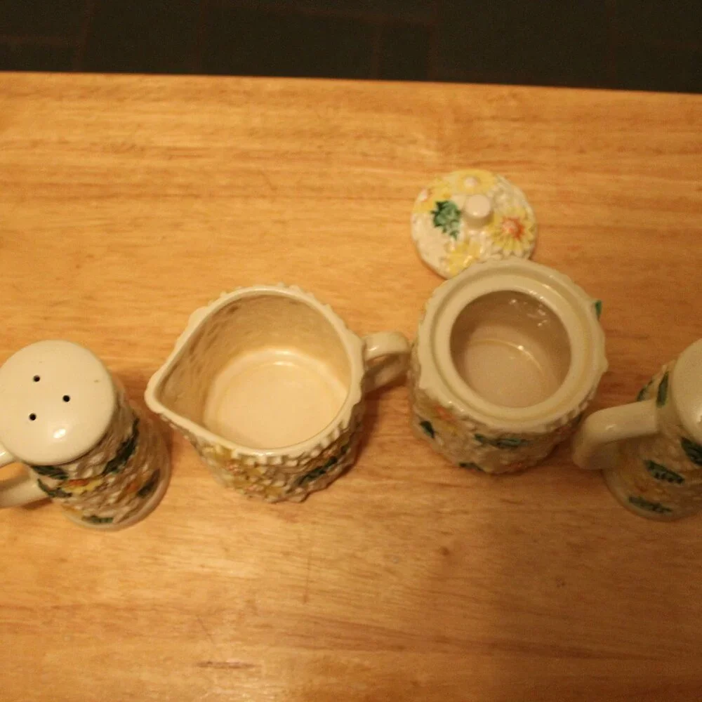 Vintage Porcelain Japenese Sugar, Creamer, Salt & Pepper Shaker w/ Yellow Flower